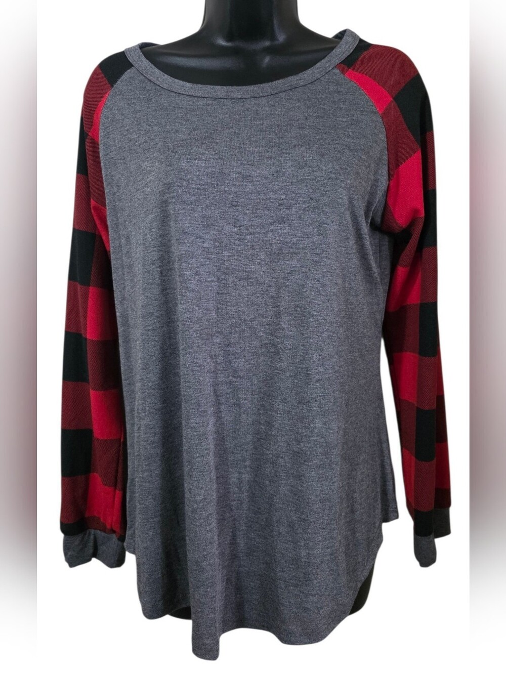 Women's Grey Raglan Tee with Red Plaid Sleeves
